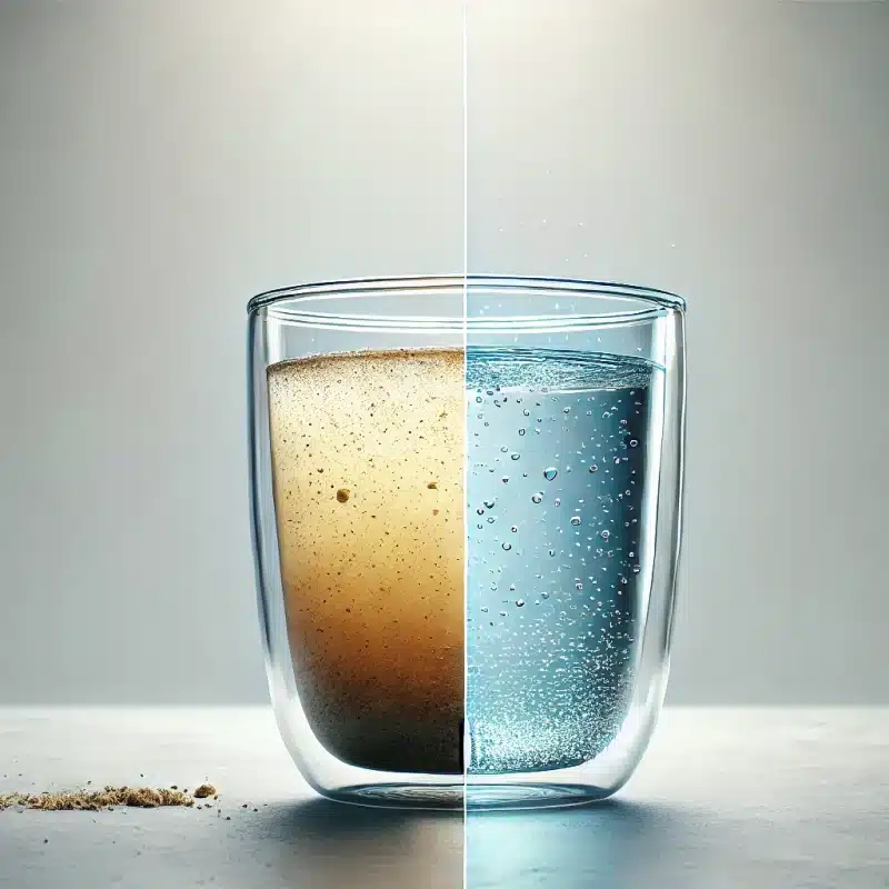 One cup of water transitioning from dirty, sediment-filled water to clean, clear water with a subtle antioxidant glow.