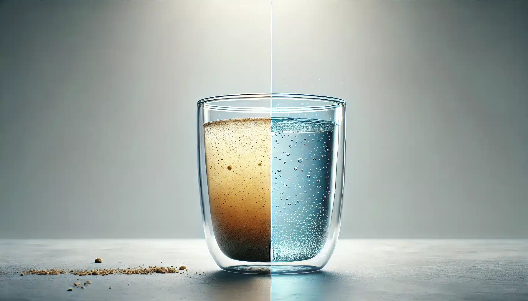 One cup of water transitioning from dirty, sediment-filled water to clean, clear water with a subtle antioxidant glow.