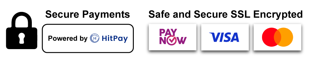 Secure payment options including HitPay, PayNow, Visa, and Mastercard logos displayed in a horizontal layout.