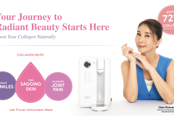 A promotional image of AOX water dispenser featuring Chen Xiuhuan, AOX Brand Ambassador, smiling and posing next to the dispenser. Text highlights AOX water’s ability to boost collagen production by 72%, reduce wrinkles, firm sagging skin, and alleviate joint pain.