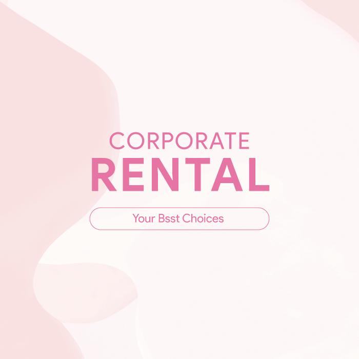 Corporate Rental - Your Best Choices' in pink against a soft abstract pastel background.