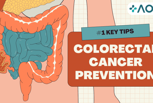 Illustrated infographic of the human digestive system highlighting colorectal cancer prevention with the #1 step: regular screening. Includes AOX branding.