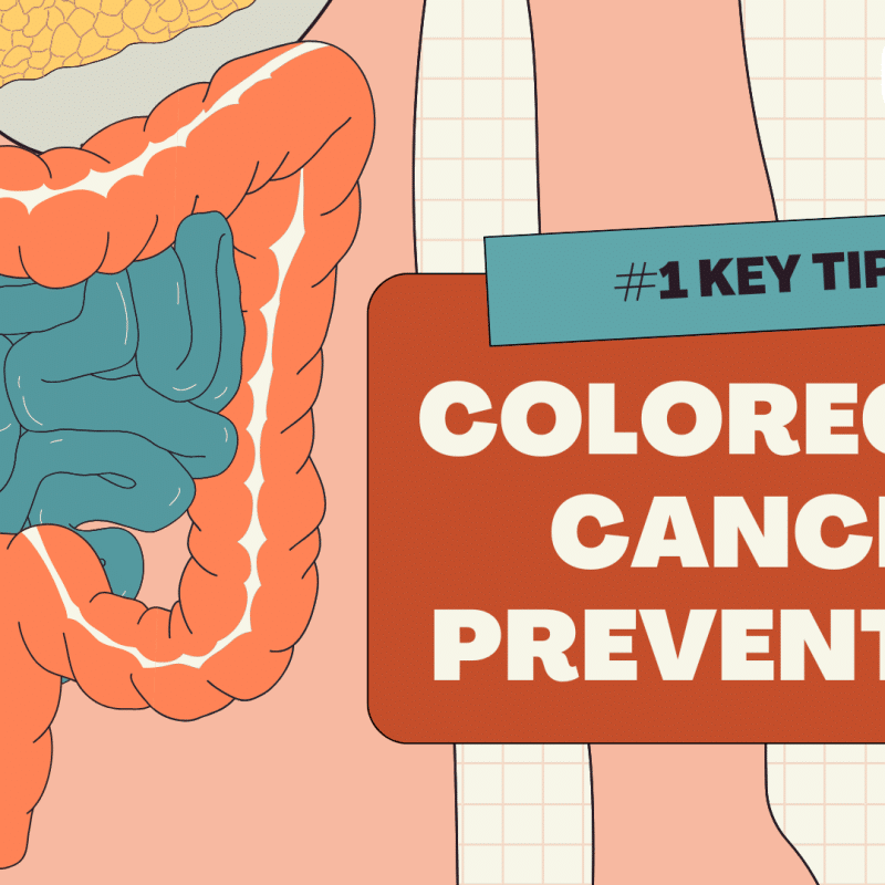 Illustrated infographic of the human digestive system highlighting colorectal cancer prevention with the #1 step: regular screening. Includes AOX branding.