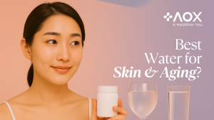 Young woman holding a cup next to two glasses of water, representing a comparison of water types for skin and aging.