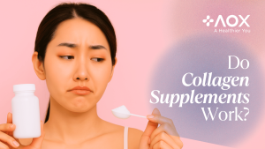 A skeptical young Asian woman holds a collagen powder scoop and supplement bottle against a soft pink background with AOX branding.