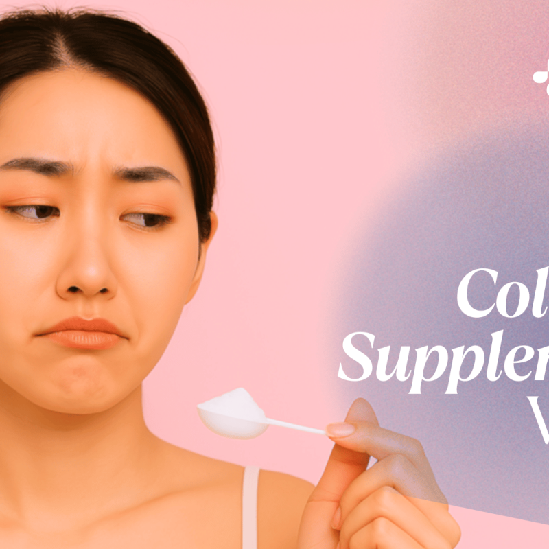 A skeptical young Asian woman holds a collagen powder scoop and supplement bottle against a soft pink background with AOX branding.