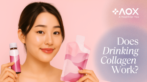 Young Asian woman smiling and holding two types of collagen products—a bottle and a pouch—against a pink background. Represents the question: does drinking collagen work?
