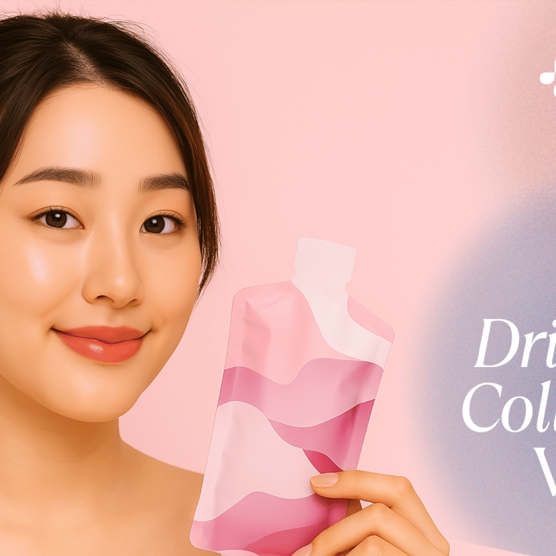 Young Asian woman smiling and holding two types of collagen products—a bottle and a pouch—against a pink background. Represents the question: does drinking collagen work?