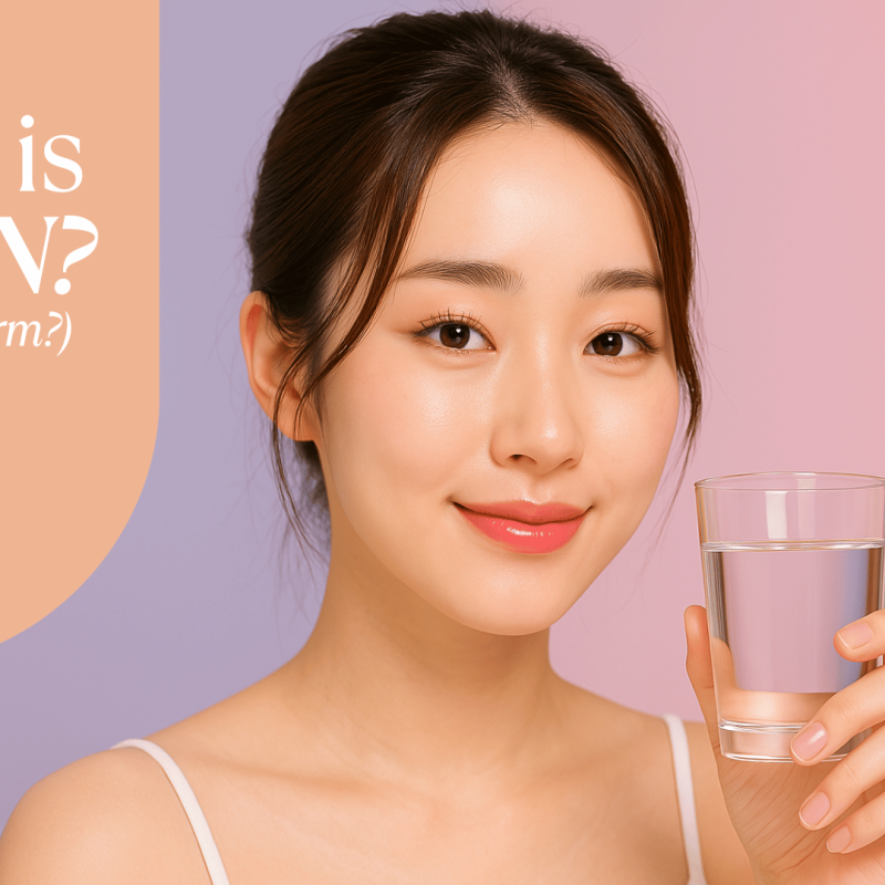 Young Korean woman smiling and holding a glass of water, next to the text “What is PDRN (Salmon Sperm?) & A Natural Alternative” promoting AOX Antioxidant Water.