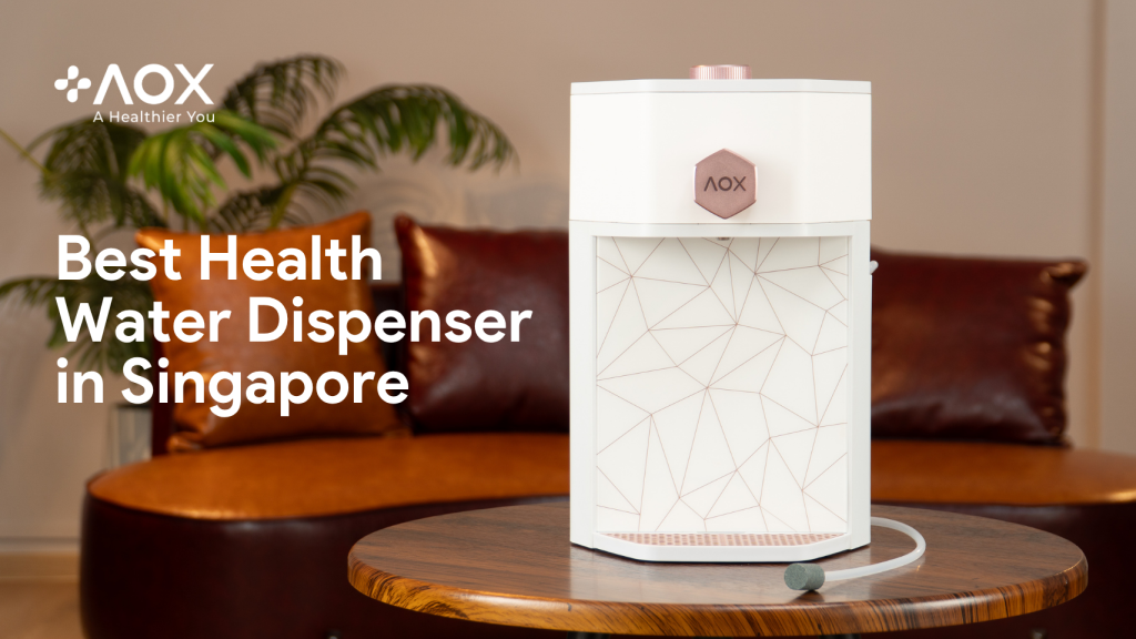 Best health water dispenser in Singapore – AOX countertop dispenser with rose gold accents, providing antioxidant and collagen-renewing water for better health.