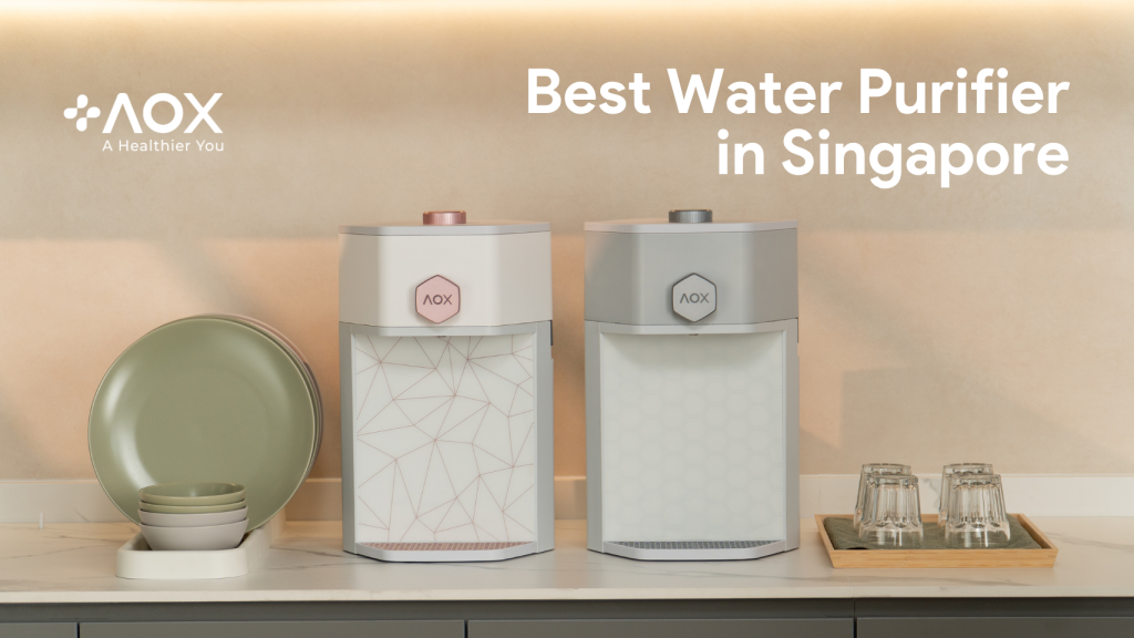 Best water purifier Singapore – AOX units on a kitchen counter, offering antioxidant and collagen-boosting benefits beyond just purifying.
