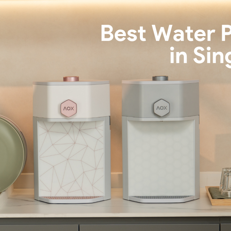 Best water purifier Singapore – AOX units on a kitchen counter, offering antioxidant and collagen-boosting benefits beyond just purifying.