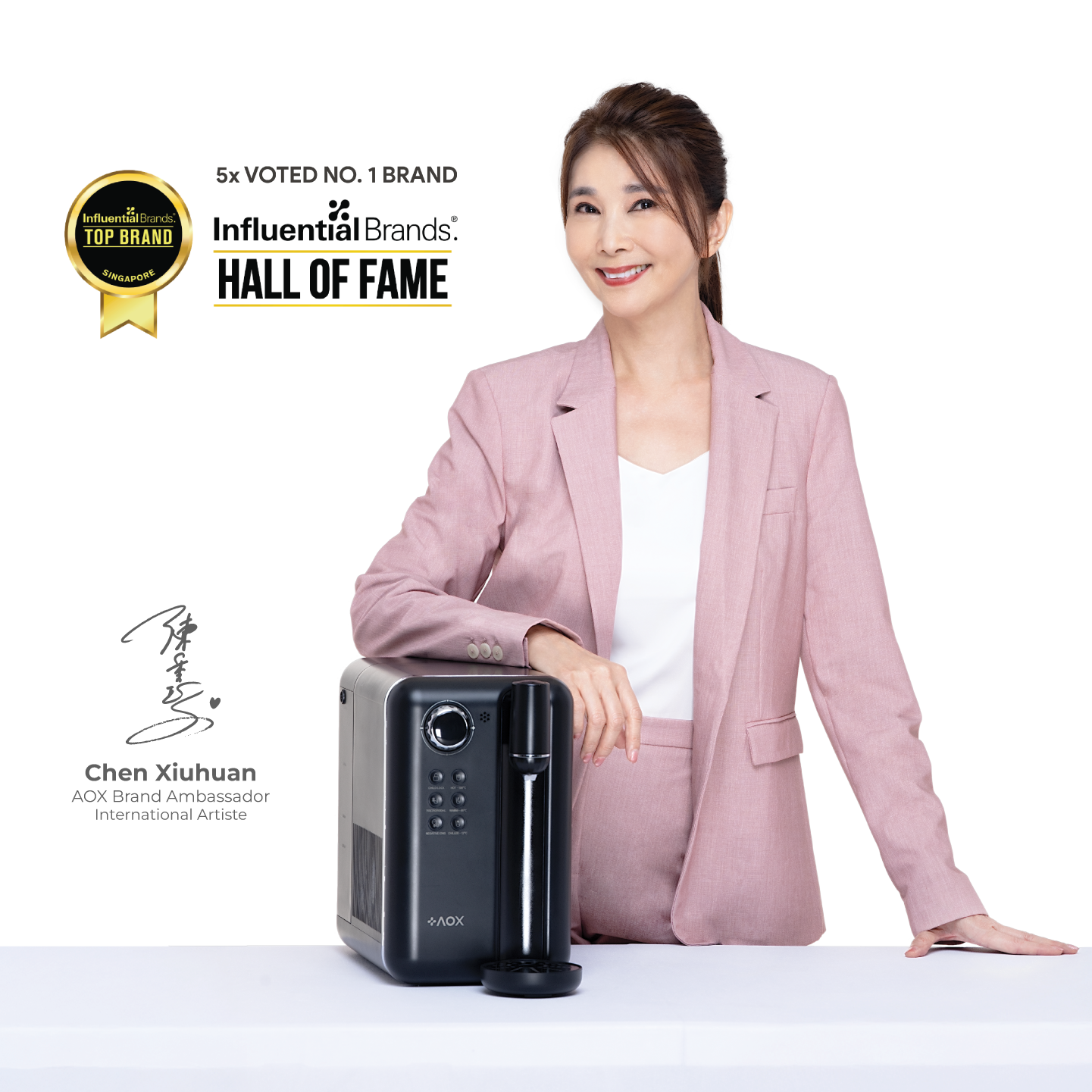 AOX brand ambassador Chen Xiuhuan with AOX water dispenser, showcasing Singapore’s No.1 trusted brand in collagen-renewing antioxidant water.