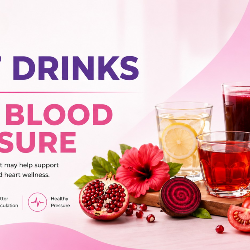 AOX blog header featuring the title ‘Best Drinks for High Blood Pressure’ in bold pink and purple typography beside a clean arrangement of heart-healthy beverages including beetroot juice, hibiscus tea, lemon water, and tomato juice. The design uses soft pastel gradients, fresh fruits and flowers, and a minimalist clear water bottle to reflect wellness, hydration, and healthy circulation.