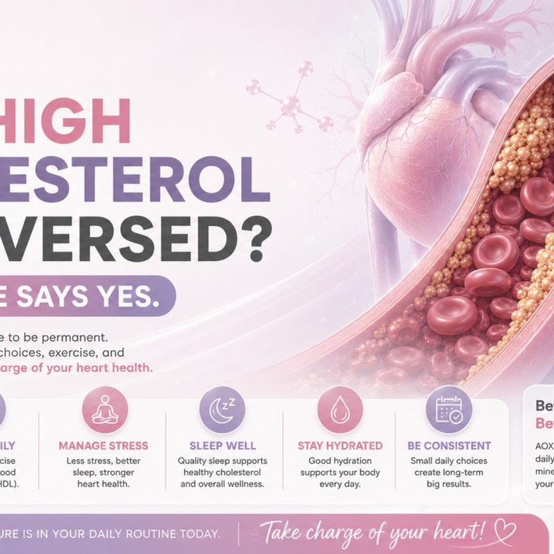 “Pastel pink and lavender healthcare infographic banner showing a heart artery with cholesterol buildup beside the headline ‘Can High Cholesterol Be Reversed?’. The design features soft AOX-inspired branding colors, wellness icons for healthy eating, exercise, stress management, sleep, hydration, and consistency, with a clean modern medical aesthetic focused on heart health and lifestyle improvement.”