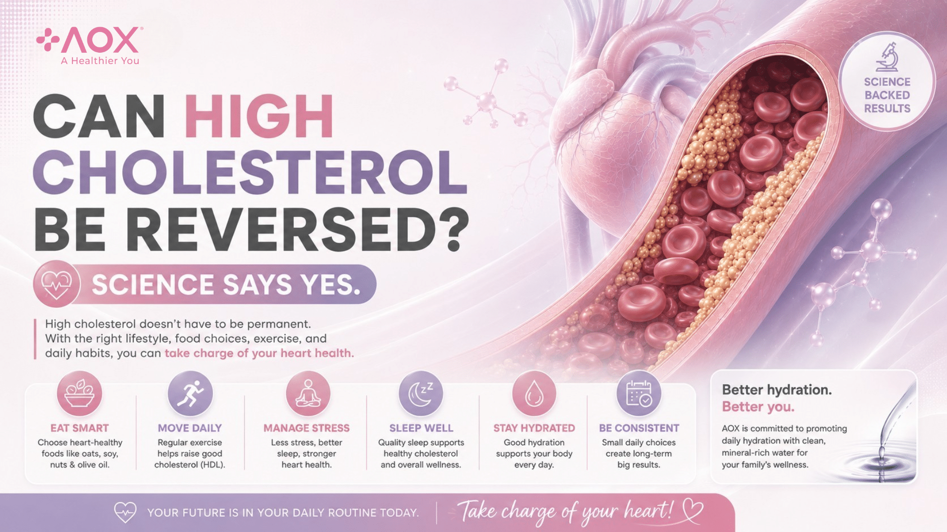 “Pastel pink and lavender healthcare infographic banner showing a heart artery with cholesterol buildup beside the headline ‘Can High Cholesterol Be Reversed?’. The design features soft AOX-inspired branding colors, wellness icons for healthy eating, exercise, stress management, sleep, hydration, and consistency, with a clean modern medical aesthetic focused on heart health and lifestyle improvement.”