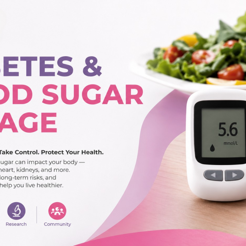 AOX Diabetes & Blood Sugar Damage blog header featuring pink and purple branding, a blood glucose monitor, healthy salad, water glass, and fitness items symbolising diabetes awareness, healthy lifestyle habits, and blood sugar management.