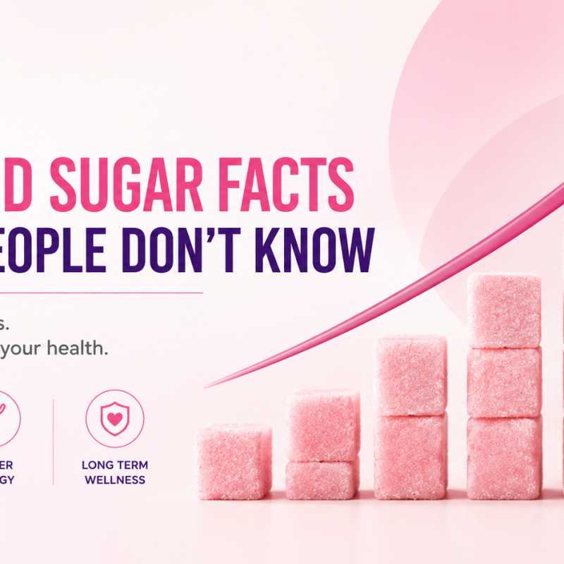 AOX blog header titled '8 Blood Sugar Facts Most People Don't Know' featuring pink sugar cubes stacked in ascending columns with an upward arrow, symbolising blood sugar trends, glucose management, diabetes awareness, and the impact of daily lifestyle habits on long-term metabolic health.