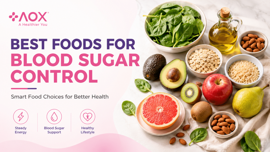 AOX blood sugar control blog header featuring healthy foods such as leafy greens, whole grains, fruits, nuts, and olive oil arranged in a clean wellness-themed design.