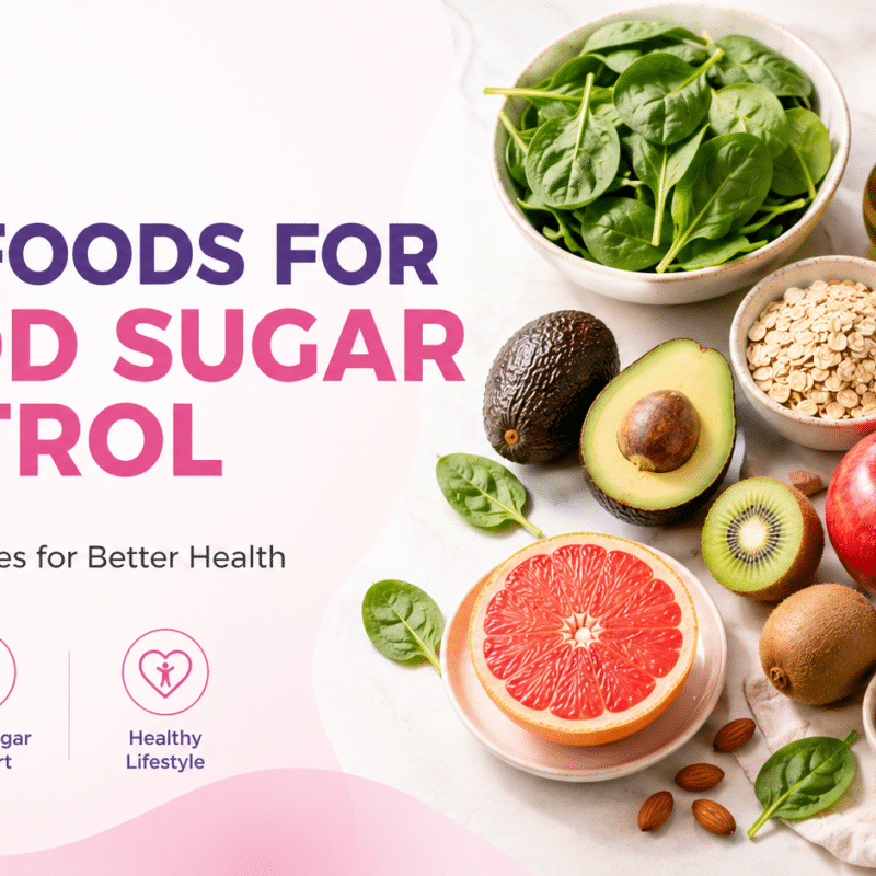 AOX blood sugar control blog header featuring healthy foods such as leafy greens, whole grains, fruits, nuts, and olive oil arranged in a clean wellness-themed design.