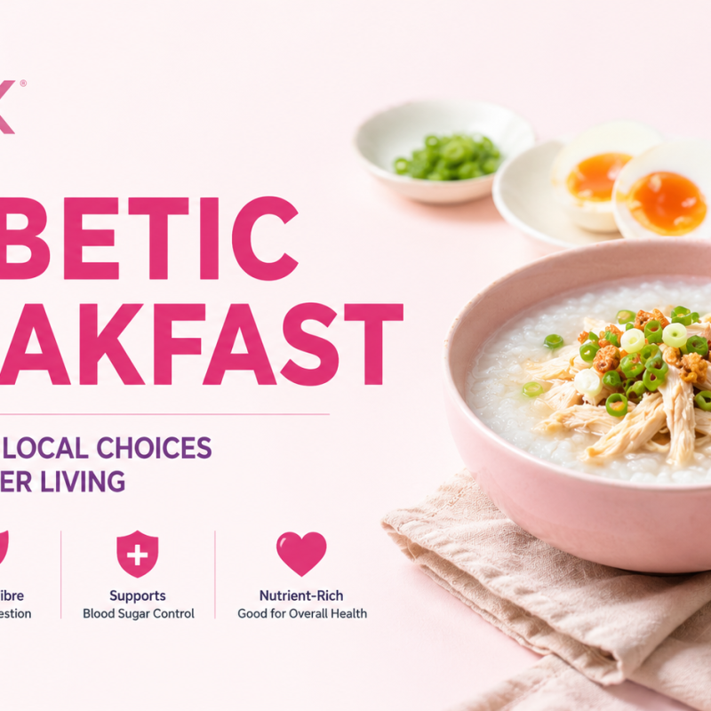 AOX blog header featuring a healthy local breakfast with chicken porridge, soft-boiled eggs and water, highlighting diabetic-friendly breakfast choices for better daily wellness.