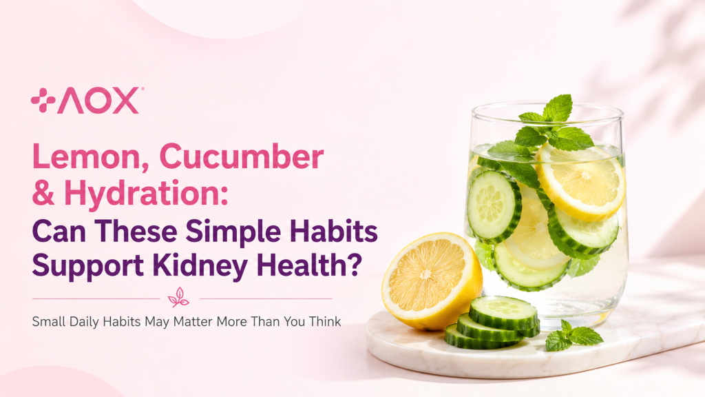 Lemon, cucumber and mint infused water beside fresh lemon and cucumber slices, with AOX branding, representing refreshing hydration habits that may support kidney wellness.